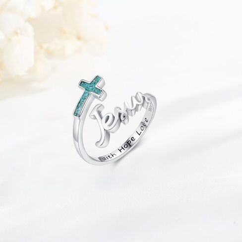 Midir&Etain Faith Cross Ring S925 Sterling Silver Mustard Seed Adjustable Open Rings Turquoise Cross Ring for Women Faith Jewelry Gifts in Kuwait