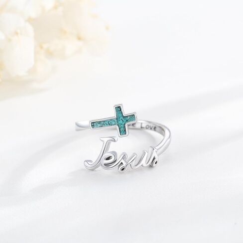Midir&Etain Faith Cross Ring S925 Sterling Silver Mustard Seed Adjustable Open Rings Turquoise Cross Ring for Women Faith Jewelry Gifts in Kuwait