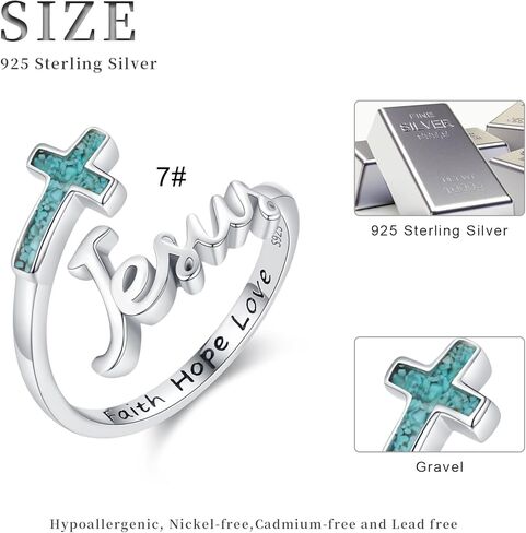 Midir&Etain Faith Cross Ring S925 Sterling Silver Mustard Seed Adjustable Open Rings Turquoise Cross Ring for Women Faith Jewelry Gifts in Kuwait
