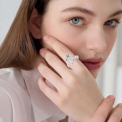 Midir&Etain Faith Cross Ring S925 Sterling Silver Mustard Seed Adjustable Open Rings Turquoise Cross Ring for Women Faith Jewelry Gifts in Kuwait