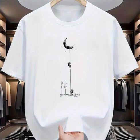 Men's Summer Cotton Casual Loose Fit Moon Landing Print T-Shirt Crew Neck Short Sleeve in Saudi Arabia