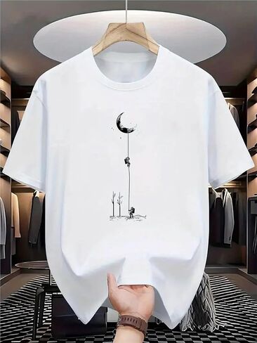 Men's Summer Cotton Casual Loose Fit Moon Landing Print T-Shirt Crew Neck Short Sleeve in Saudi Arabia