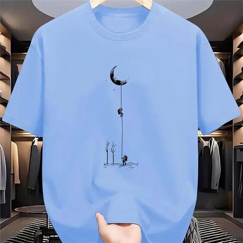 Men's Summer Cotton Casual Loose Fit Moon Landing Print T-Shirt Crew Neck Short Sleeve in Saudi Arabia