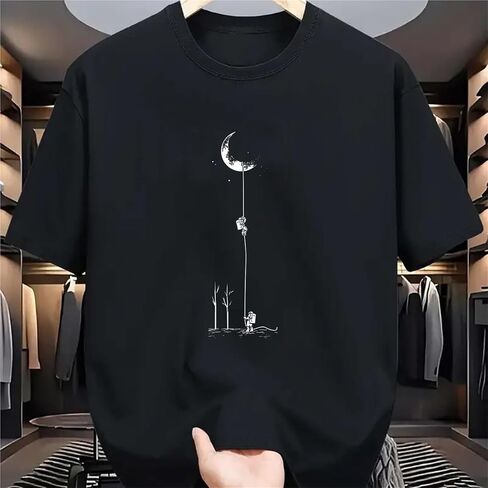 Men's Summer Cotton Casual Loose Fit Moon Landing Print T-Shirt Crew Neck Short Sleeve in Saudi Arabia