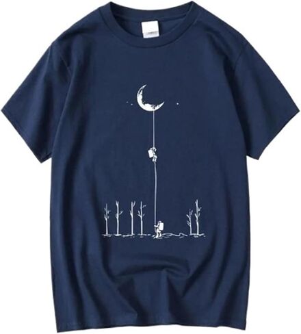 Men's Summer Cotton Casual Loose Fit Moon Landing Print T-Shirt Crew Neck Short Sleeve in Saudi Arabia