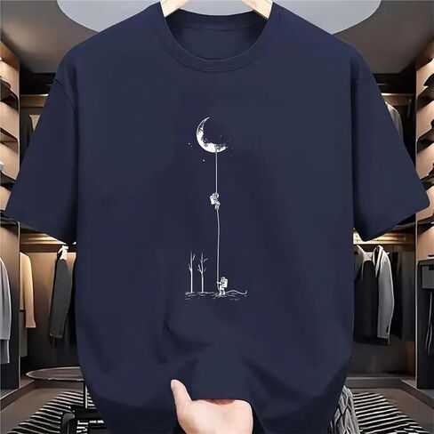 Men's Summer Cotton Casual Loose Fit Moon Landing Print T-Shirt Crew Neck Short Sleeve in Saudi Arabia