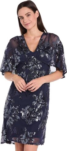 R&M Richards Elegant Knee-Length Beaded Floral Dress W/Sheer Capelet & Flutter Sleeves in Saudi Arabia