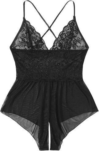 SweatyRocks Women's Plus Size Lingerie Sheer Mesh Floral Lace Cutout Teddy Bodysuit in Kuwait