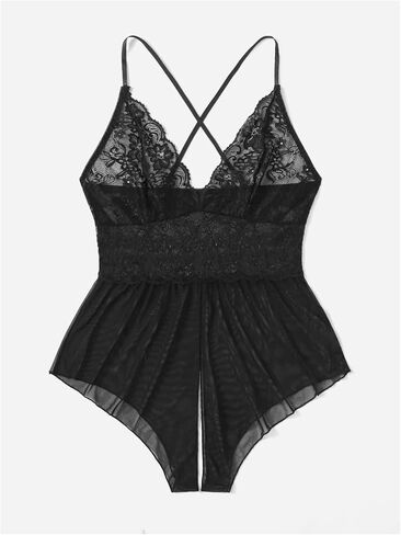 SweatyRocks Women's Plus Size Lingerie Sheer Mesh Floral Lace Cutout Teddy Bodysuit in Kuwait