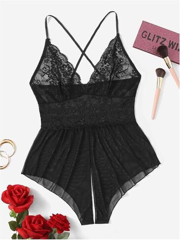 SweatyRocks Women's Plus Size Lingerie Sheer Mesh Floral Lace Cutout Teddy Bodysuit in Kuwait