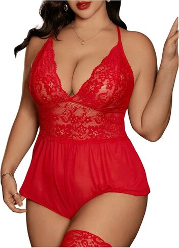 SweatyRocks Women's Plus Size Lingerie Sheer Mesh Floral Lace Cutout Teddy Bodysuit in Kuwait
