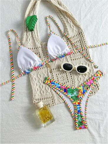 Wdirara Women's 2 قطعة استوائية الرسم Thong Bikini مجموعة مثلث سلسلة السباحة بدلة السباحة عالية قطع in Saudi Arabia