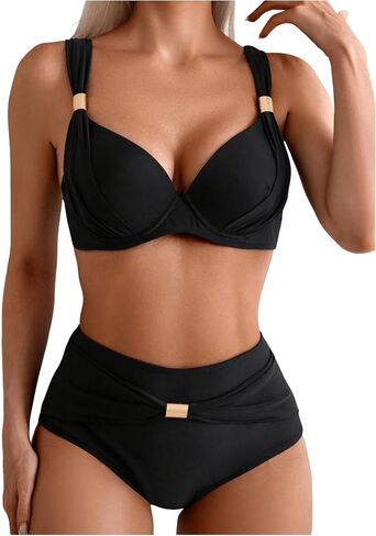 GORGLITTER Women's Triangle Bikini Sets Cheeky High Waisted Thong Swimsuits Metal Decor Bathing Suits Summer Swim Wear in Saudi Arabia