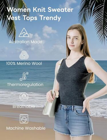 100% Merino Wool Women Tank Top | Wool Shirt for Women. Soft Lightweight Breathable V-Neck Sleeveless Vest in Saudi Arabia