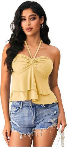 Milumia Women Tie Front Ruched Tube Tops Y2k Ruffle Going Out Halter Tops in Saudi Arabia