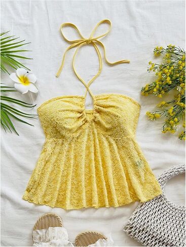 Milumia Women's Boho Textured Halter Top Pleated Ruffle Hem Summer Cami Tops in Saudi Arabia