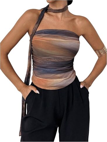 Milumia نساء ربطة الصبغة أنبوب TOP Y2K RUCHED BACKLING BANDEAU مع وشاح in Kuwait