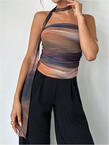 Milumia نساء ربطة الصبغة أنبوب TOP Y2K RUCHED BACKLING BANDEAU مع وشاح in Kuwait