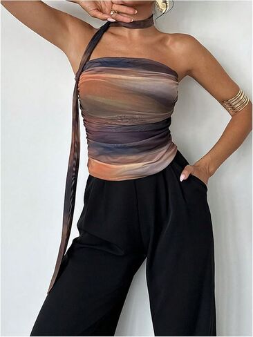 Milumia نساء ربطة الصبغة أنبوب TOP Y2K RUCHED BACKLING BANDEAU مع وشاح in Kuwait