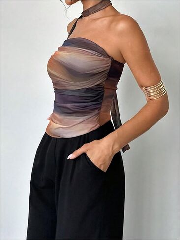 Milumia نساء ربطة الصبغة أنبوب TOP Y2K RUCHED BACKLING BANDEAU مع وشاح in Kuwait