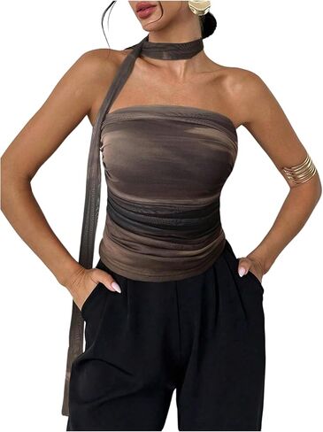 Milumia نساء ربطة الصبغة أنبوب TOP Y2K RUCHED BACKLING BANDEAU مع وشاح in Kuwait