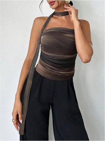 Milumia نساء ربطة الصبغة أنبوب TOP Y2K RUCHED BACKLING BANDEAU مع وشاح in Kuwait