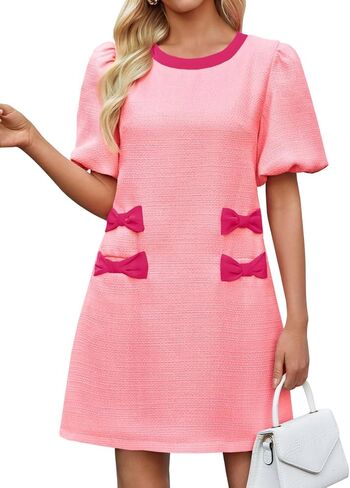 Wenrine Womens Summer Mini Dress Casual Tweed Short Sleeve Bow Work Business Dresses with Pockets in Saudi Arabia