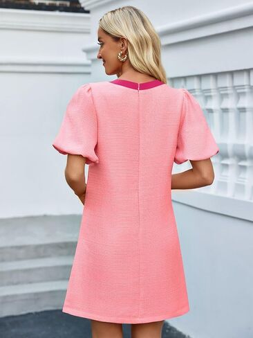 Wenrine Womens Summer Mini Dress Casual Tweed Short Sleeve Bow Work Business Dresses with Pockets in Saudi Arabia