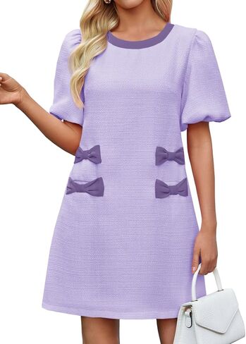 Wenrine Womens Summer Mini Dress Casual Tweed Short Sleeve Bow Work Business Dresses with Pockets in Saudi Arabia