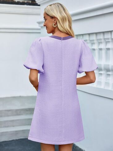 Wenrine Womens Summer Mini Dress Casual Tweed Short Sleeve Bow Work Business Dresses with Pockets in Saudi Arabia