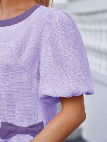 Wenrine Womens Summer Mini Dress Casual Tweed Short Sleeve Bow Work Business Dresses with Pockets in Saudi Arabia