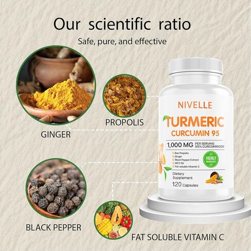 Nivelle الكركمين الكركمين | ملحق الكركمين الكركمين النقي 1000mg | 95 ٪ الكركمينويد مع النحل بروبوليس ، الزنجبيل ، زيت MCT ، فيتامين C القابل للذوبان الدهون ، والفلفل الأسود | 120 كبسولات (1) in Kuwait