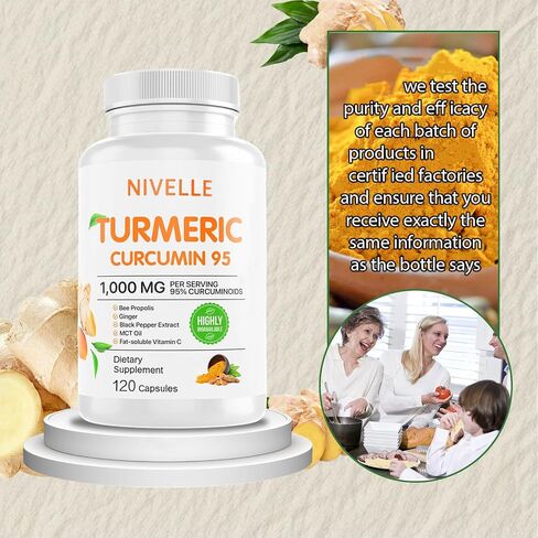 Nivelle الكركمين الكركمين | ملحق الكركمين الكركمين النقي 1000mg | 95 ٪ الكركمينويد مع النحل بروبوليس ، الزنجبيل ، زيت MCT ، فيتامين C القابل للذوبان الدهون ، والفلفل الأسود | 120 كبسولات (1) in Kuwait