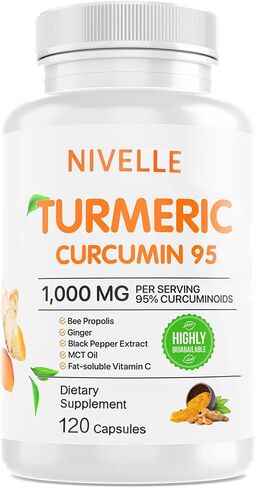 Nivelle الكركمين الكركمين | ملحق الكركمين الكركمين النقي 1000mg | 95 ٪ الكركمينويد مع النحل بروبوليس ، الزنجبيل ، زيت MCT ، فيتامين C القابل للذوبان الدهون ، والفلفل الأسود | 120 كبسولات (1) in Kuwait