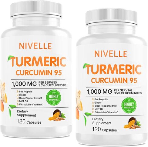 Nivelle الكركمين الكركمين | ملحق الكركمين الكركمين النقي 1000mg | 95 ٪ الكركمينويد مع النحل بروبوليس ، الزنجبيل ، زيت MCT ، فيتامين C القابل للذوبان الدهون ، والفلفل الأسود | 120 كبسولات (1) in Saudi Arabia