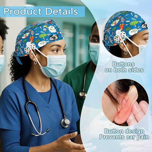 2Pcs Scrub Caps Women, Nursing Hats with Buttons & Sweatband Adjustable Bouffant Working Cap Surgery Cap Women in Kuwait