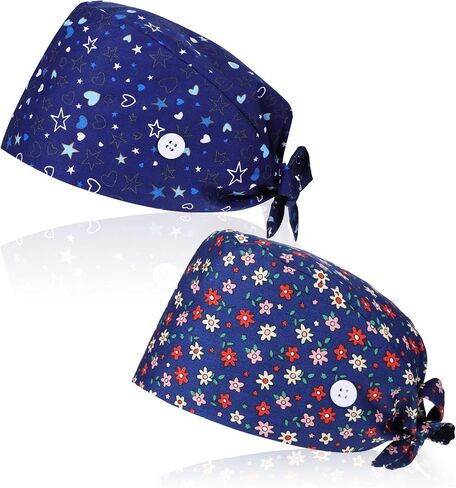 2Pcs Scrub Caps Women, Nursing Hats with Buttons & Sweatband Adjustable Bouffant Working Cap Surgery Cap Women in Kuwait