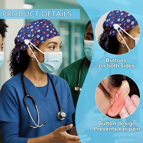 2Pcs Scrub Caps Women, Nursing Hats with Buttons & Sweatband Adjustable Bouffant Working Cap Surgery Cap Women in Kuwait