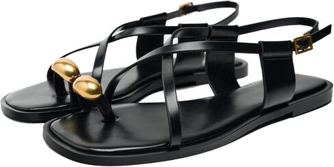 Lymphvity Women's Metal Toe Ring Strappy Flat Sandals Open Square Toe Gladiator Lace Up Sandals With Buckle Strap Casual Summer Beach Slides Sandal in Kuwait