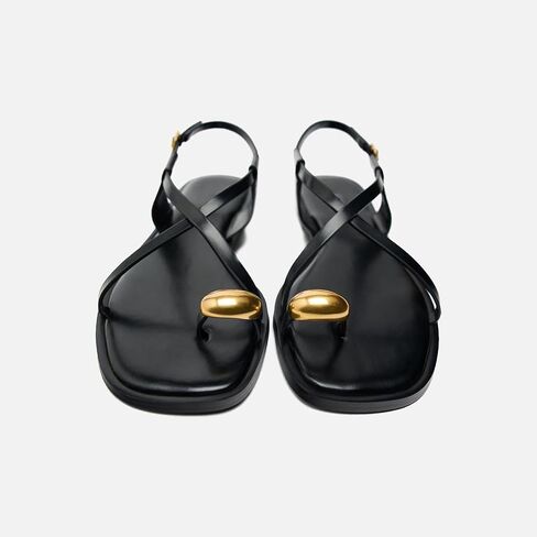 Lymphvity Women's Metal Toe Ring Strappy Flat Sandals Open Square Toe Gladiator Lace Up Sandals With Buckle Strap Casual Summer Beach Slides Sandal in Kuwait