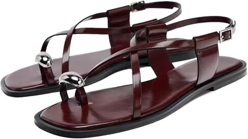 Lymphvity Women's Metal Toe Ring Strappy Flat Sandals Open Square Toe Gladiator Lace Up Sandals With Buckle Strap Casual Summer Beach Slides Sandal in Kuwait