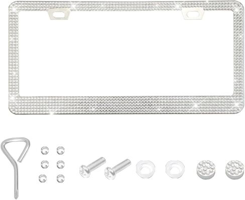 Bling Car License Plate Frame, Stainless Steel Car License Plate Tag Cover, Handmade Bedazzled Crystal Diamond License Plate Holder, Car License Accessories for Women Men (White, 1PCS) in Saudi Arabia