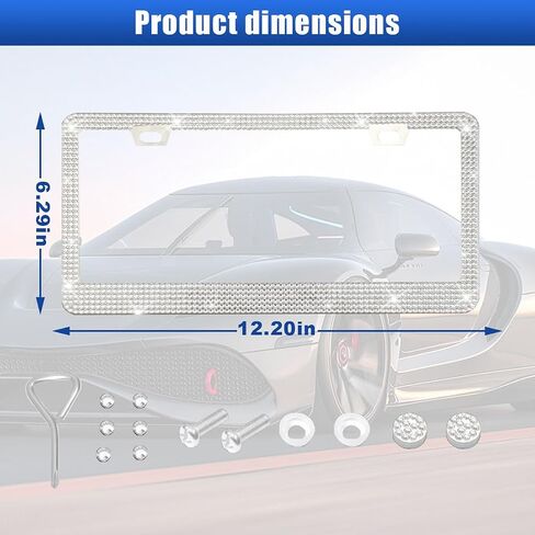 Bling Car License Plate Frame, Stainless Steel Car License Plate Tag Cover, Handmade Bedazzled Crystal Diamond License Plate Holder, Car License Accessories for Women Men (White, 1PCS) in Saudi Arabia
