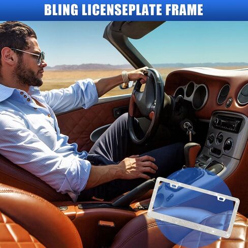 Bling Car License Plate Frame, Stainless Steel Car License Plate Tag Cover, Handmade Bedazzled Crystal Diamond License Plate Holder, Car License Accessories for Women Men (White, 1PCS) in Saudi Arabia