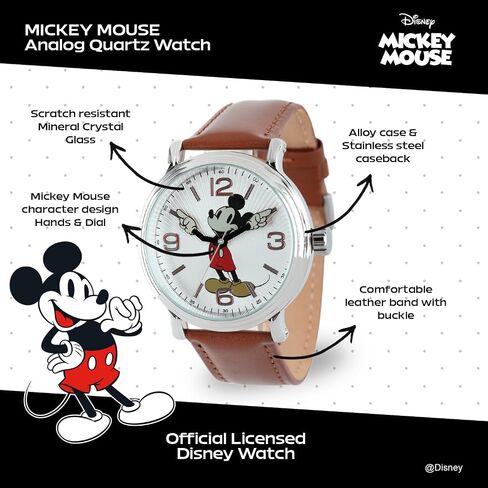 Mickey Mouse Articulating Hands Watch for Men - Classic Mickey Watches for Men, Perfect Disney-Inspired Timepiece Him - Stylish Watch with White Dial, Silver Case, Black Leather Strap in Saudi Arabia