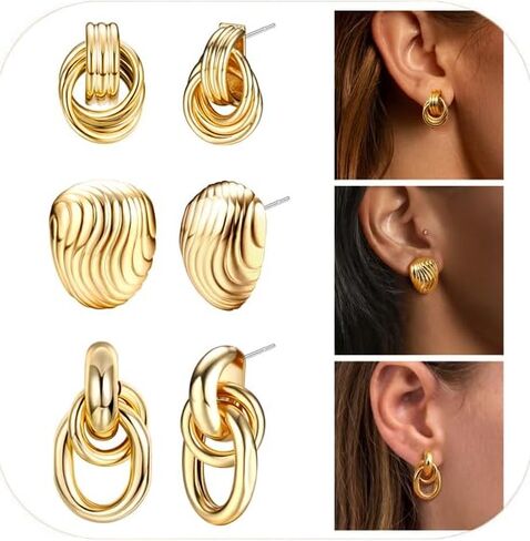 FIBO STEEL 18K الذهب مطلي أقراط الذهب للنساء أقراط الذهب مكتنزة بيان الملتوية ربط عقدة القوس سماع قطرة هندسية تتدلى الأقراط مجموعة مجوهرات العصرية هدية 3 أزواج in Kuwait