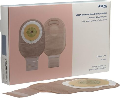 Areza Medical - One-Piece Open-Ended Drainable Colostomy & Ileostomy Bag with Velcro Closure, Carbon Filter & Exhaust Valve - 10 Bags per Box in Kuwait