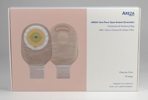 Areza Medical - One-Piece Open-Ended Drainable Colostomy & Ileostomy Bag with Velcro Closure, Carbon Filter & Exhaust Valve - 10 Bags per Box in Kuwait