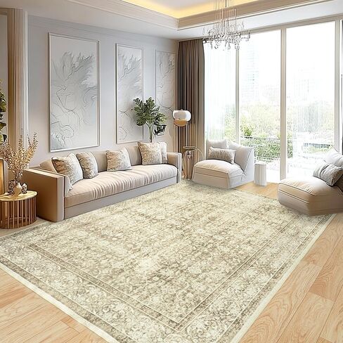 5x7 Large Vintage Floral Area Rug for Living Room Bedroom, Cream&Light Tan Washable Floral Printed Rug Soft Indoor Low Pile Boho Rug for Bedroom Non Slip Stain Resistant Dining Room Playroom Carpet in Saudi Arabia