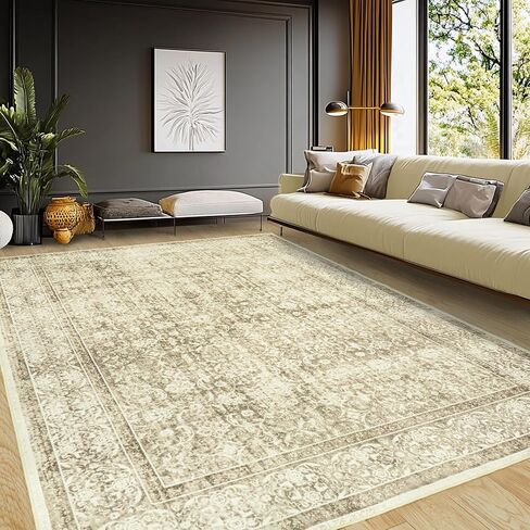 5x7 Large Vintage Floral Area Rug for Living Room Bedroom, Cream&Light Tan Washable Floral Printed Rug Soft Indoor Low Pile Boho Rug for Bedroom Non Slip Stain Resistant Dining Room Playroom Carpet in Saudi Arabia